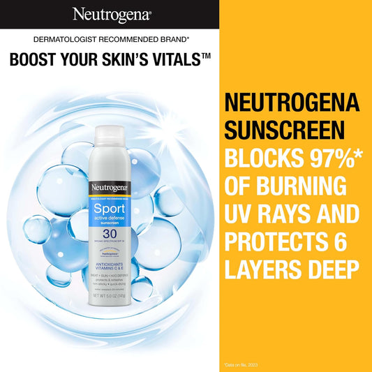 Neutrogena Sport Active Defense Spf 30 Sunscreen Spray, Sweat & Water Resistant Spray Sunscreen With Broad Spectrum Uva/Uvb Sun Protection For Sunburn Prevention, Oxybenzone-Free, 5.0 Oz