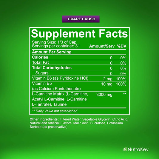 Nutrakey L-Carnitine 3000Mg, No Sugar, Gluten Free, Turn Into Fuel, (Grape Crush) 31 Servings