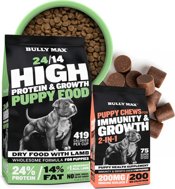 Bully Max 24/14 High Protein Puppy Dry Dog Food With Lamb & 2-In-1 Soft Chews For Immunity & Growth Bundle Pack - Immune Support Supplements For Puppies, Small & Large Breed Dogs From 4 Weeks Old