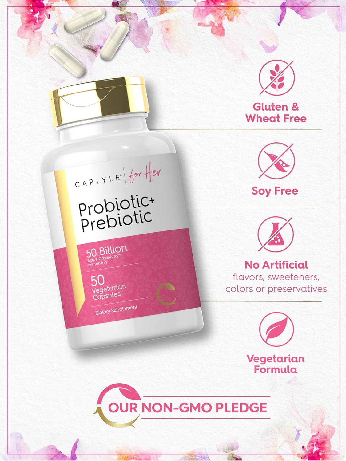 Carlyle Prebiotic & Probiotic for Her | 50 Billion Active Organisms Per Serving | 50 Capsules | Vegetarian Supplement for Women : Health & Household