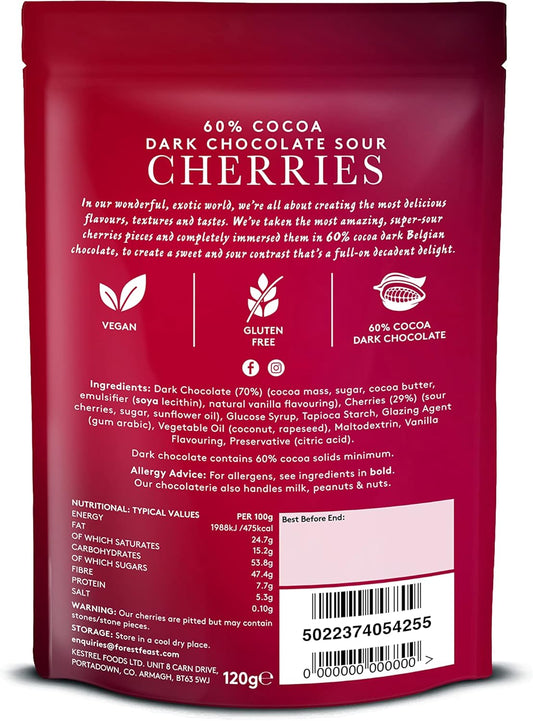 Forest Feast 60% Cocoa Dark Chocolate Sour Cherries 6 X 120G | Sweet Dried Cherries Chocolate Covered Fruit Snack With 60% Belgian Dark Chocolate, Gluten Free & Vegan Snack