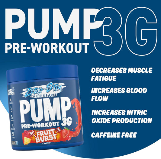 Applied Nutrition Pump Zero Pre Workout - Zero Stim, Caffeine Free, Energy & Performance (375G - 25 Servings) (Fruit Burst)