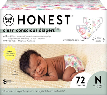 The Honest Company Clean Conscious Diapers | Plant-Based, Sustainable | Rose Blossom + Tutu Cute | Club Box, Size Newborn, 72 Count