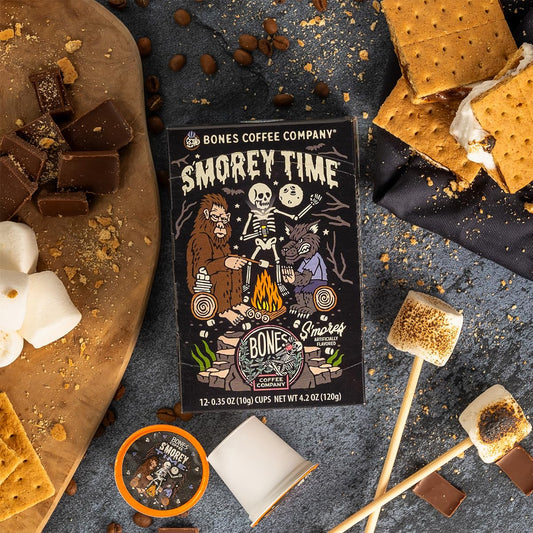 Bones Coffee Company Flavored Coffee Bones Cups S'morey Time S'mores and Graham Crackers | 12ct Single-Serve Coffee Pods Compatible with Keurig 1.0 & 2.0 Keurig Coffee Maker