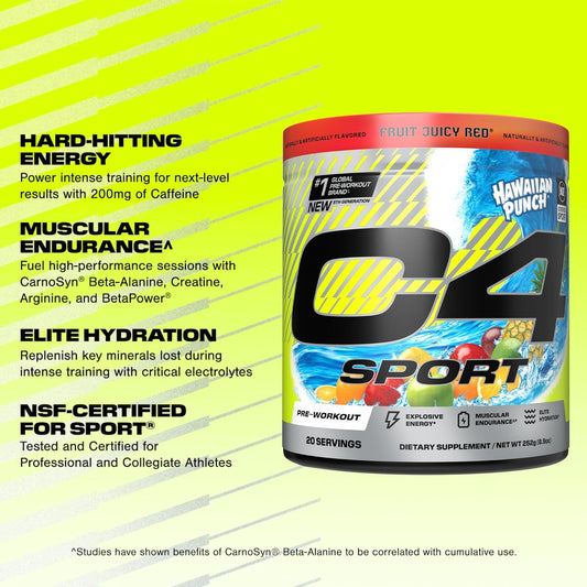 Cellucor C4 Sport Pre Workout Powder - Nsf Certified For Sport - Elite Hydration - 200Mg Caffeine + Creatine + Beta-Alanine - Electrolytes And Energy Supplement - Hawaiian Punch, 20 Servings