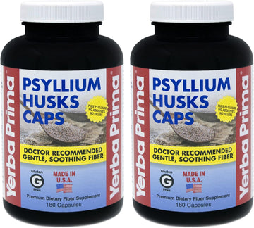 Yerba Prima Psyllium Husk Caps - 180 Capsules (Pack Of 2) - Easy To Swallow Fiber Supplement - Colon Cleanse - Gut Health - Non-Gmo Gluten Free