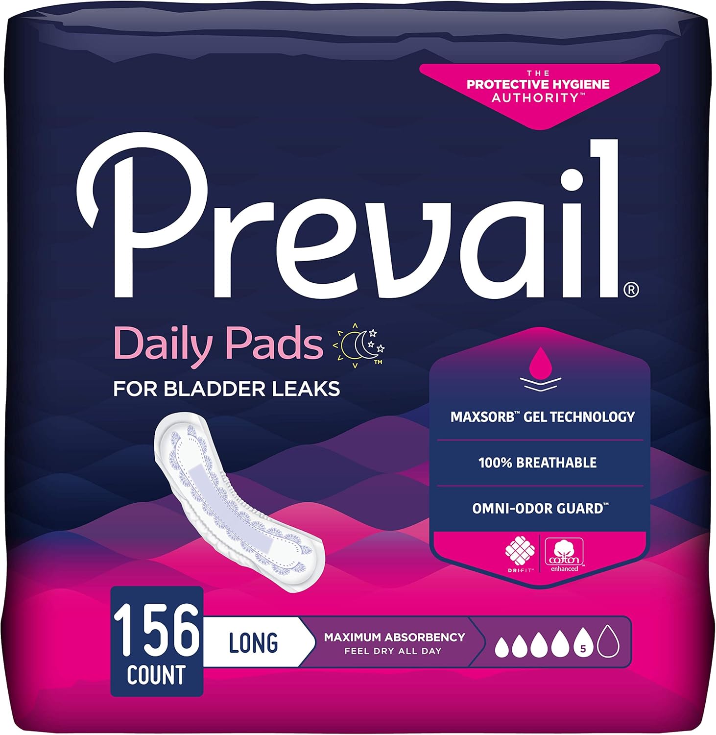 Prevail Incontinence Bladder Control Pads For Women, Maximum Absorbency, Long Length, 39 Count (Pack Of 4)