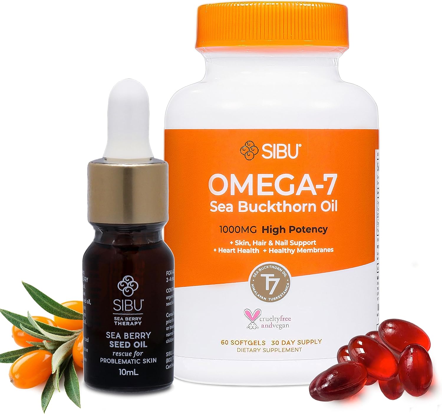 sibu Omega 7 Softgels (60ct) + Seed Oil (10ml) Bundle ? Made with Prem