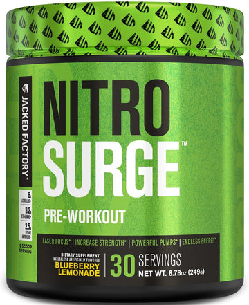 Jacked Factory Nitrosurge Pre Workout Supplement - Endless Energy, Instant Strength Gains, Clear Focus, Intense Pumps - No Booster, Powerful Preworkout Energy Powder - 30 Servings, Blueberry Lemonade