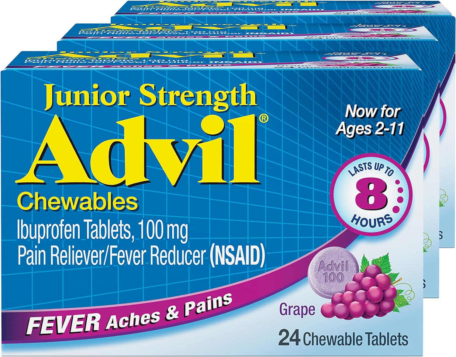 Advil Junior Strength Chewable Ibuprofen Pain Reliever And Fever Reducer, Children'S Ibuprofen For Pain Relief, Grape - 24 Tablets (Pack Of 3)