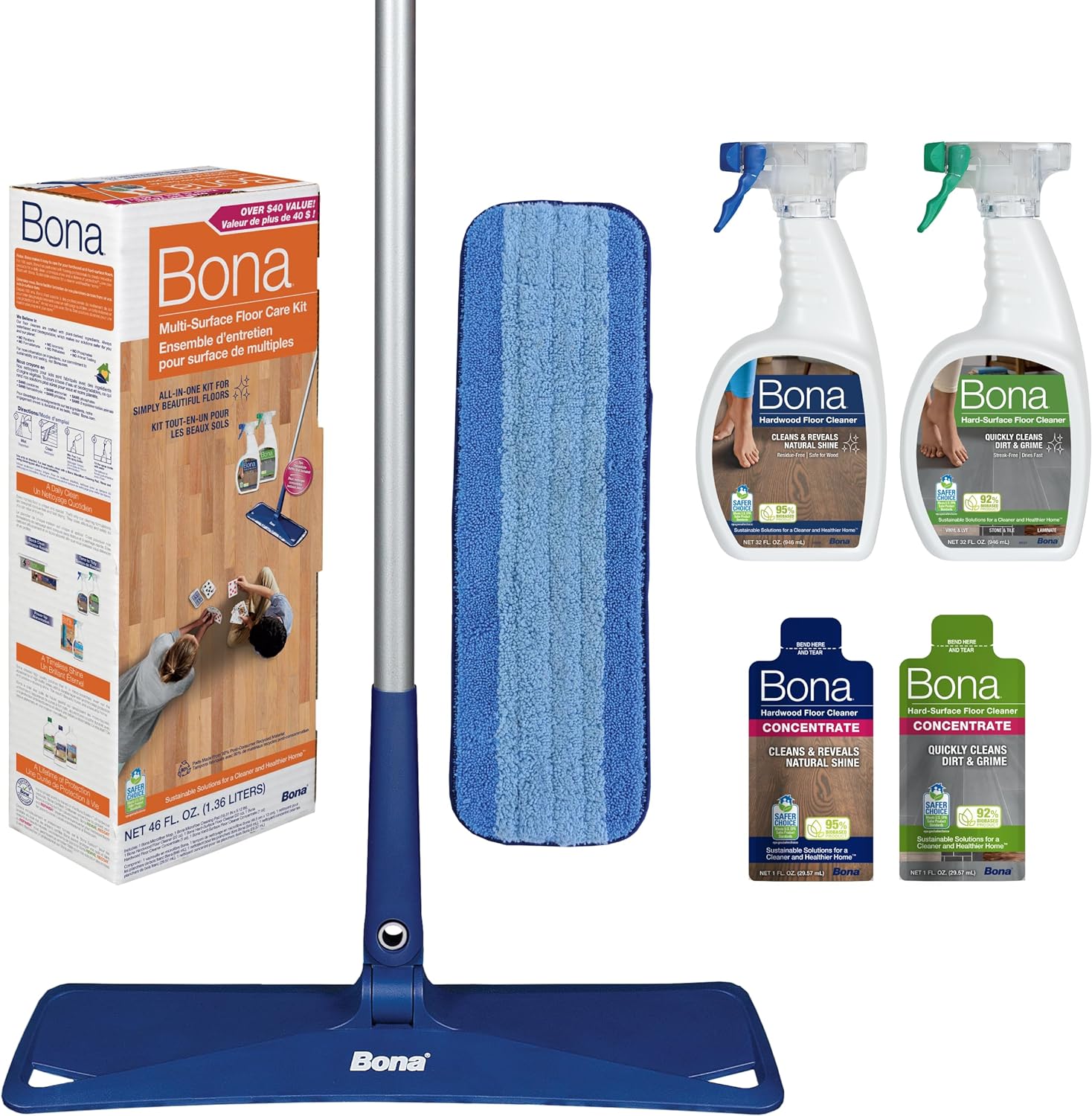 Bona Hard-Surface Floor Care Kit - Includes Microfiber Mop, Microfiber Cleaning Pad, Hardwood Floor Cleaning Solution, and Multi-Surface Floor Cleaning Solution - Floor Cleaning Kit for Hard Floors