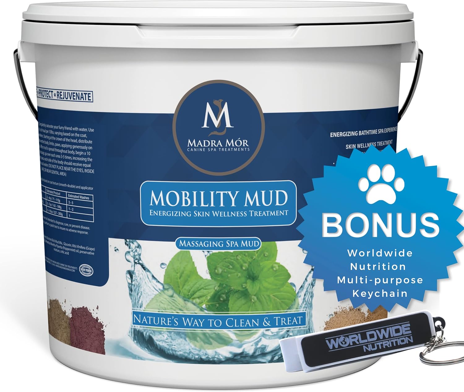 Worldwide Nutrition Madra Mor Mobility Dog Essentials Mud Bath | Dog Bath Spa Treatment For Dog Arthritis Pain Relief | Anti Itch For Dogs Wash For Dog Grooming | 7.5Lb Pail W Multi Purpose Key Chain