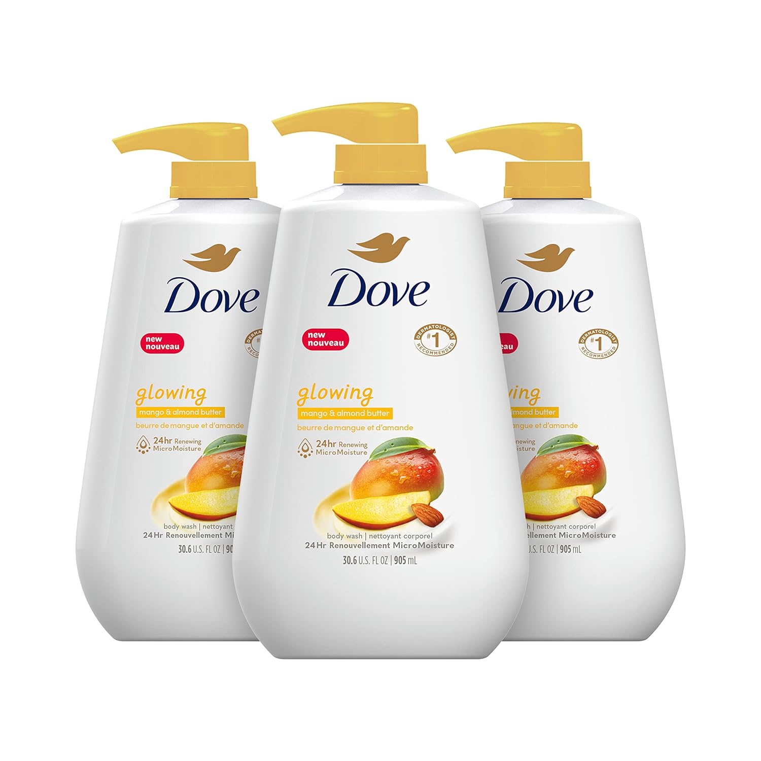 Dove Body Wash 3 Count With Pump Glowing Mango & Almond Butter For Renewed, Healthy-Looking Skin Gentle Skin Cleanser With 24Hr Renewing Micromoisture 30.6 Oz