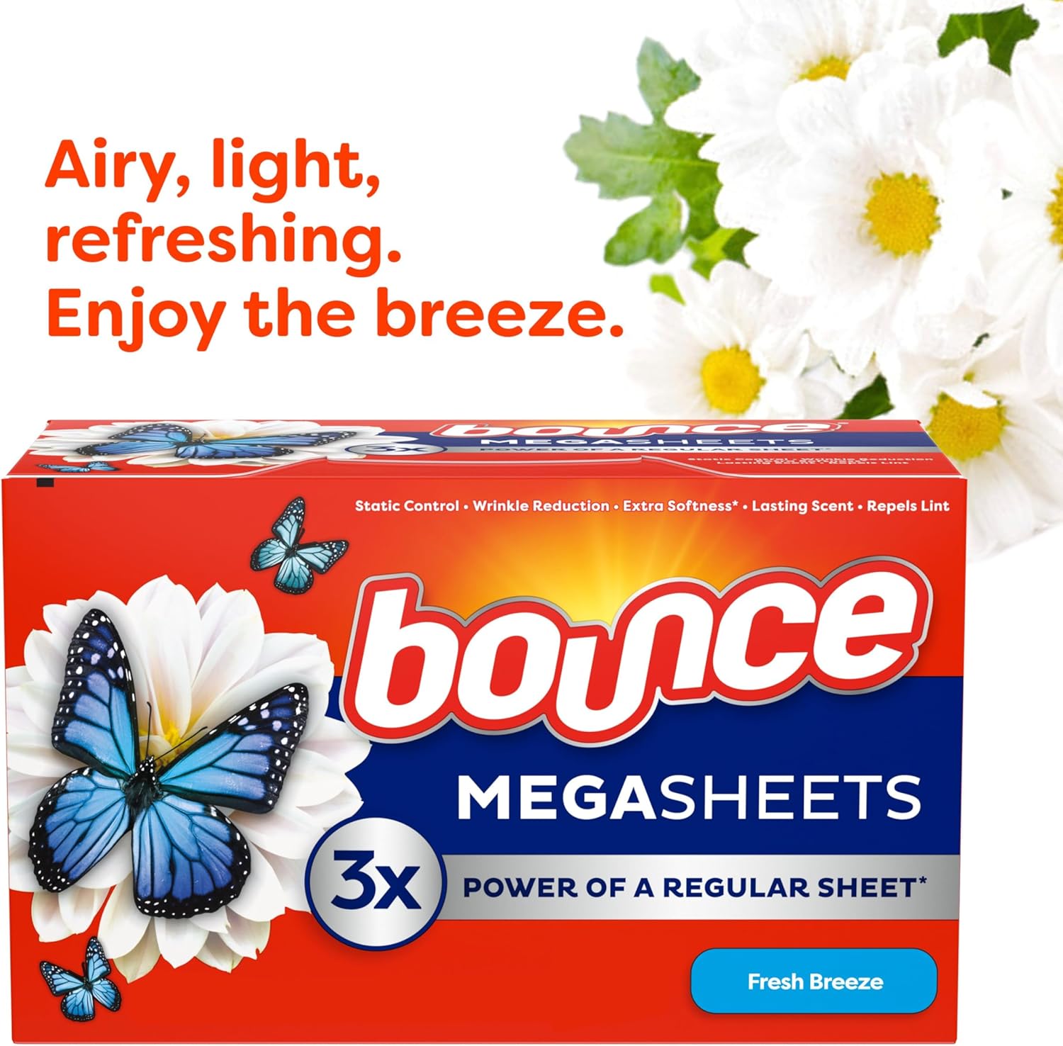 Bounce Mega Dryer Sheets, Fresh Breeze, 180 Count (Packaging May Vary)