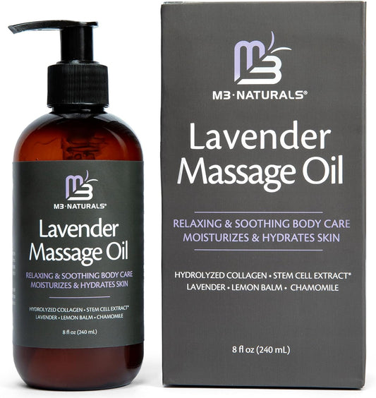 Lavender Massage Oil with Collagen and Stem Cells - Skin Tightening Massage Oil for Massage Therapy and Instant Absorption Cellulite Oil for Bum Thighs and Belly by M3 Naturals