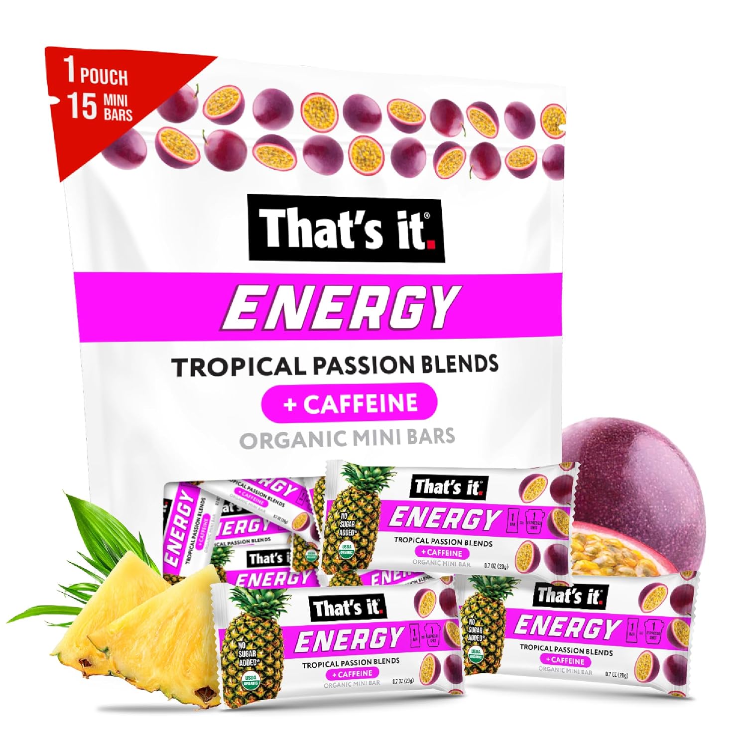 That'S It. Tropical Passion Caffeine Blends Energy Mini Bars Pineapple Passionfruit (15 Count) Allergy-Friendly, Nut Free, Non-Gmo, Fat & Gluten Free Snacks