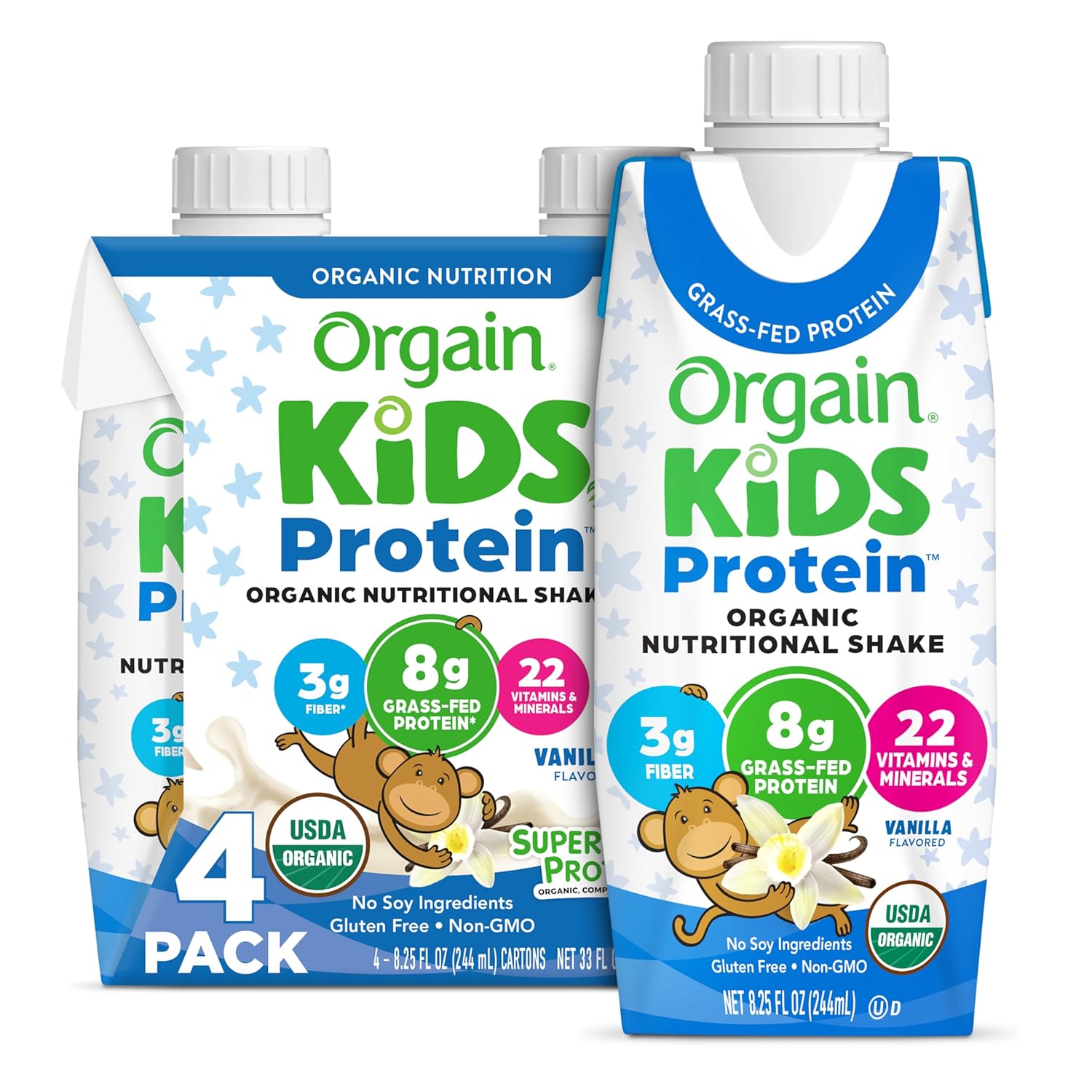 Orgain Organic Kids Nutritional Protein Shake, Vanilla, Healthy Kids Snacks, 8G Dairy Protein, 3G Fiber, 22 Vitamins & Minerals, No Soy Ingredients, 8.25 Fl Oz (Packaging May Vary) (4 Pack)