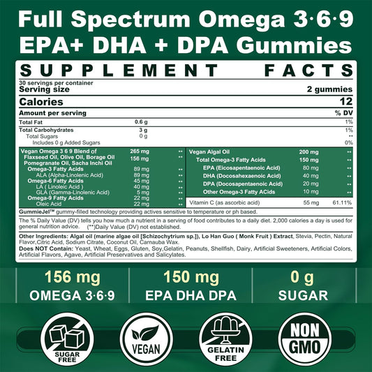 Vegan Omega 3 6 9 Supplement, Sugar Free Algae Omega 3 Gummies Fish Oil Alternative DHA EPA DPA for Women & Men & Kids, Plant-based Omega 3 Fatty Acids for Brain, Joint, Eye, No Fishy Taste, 60 Counts