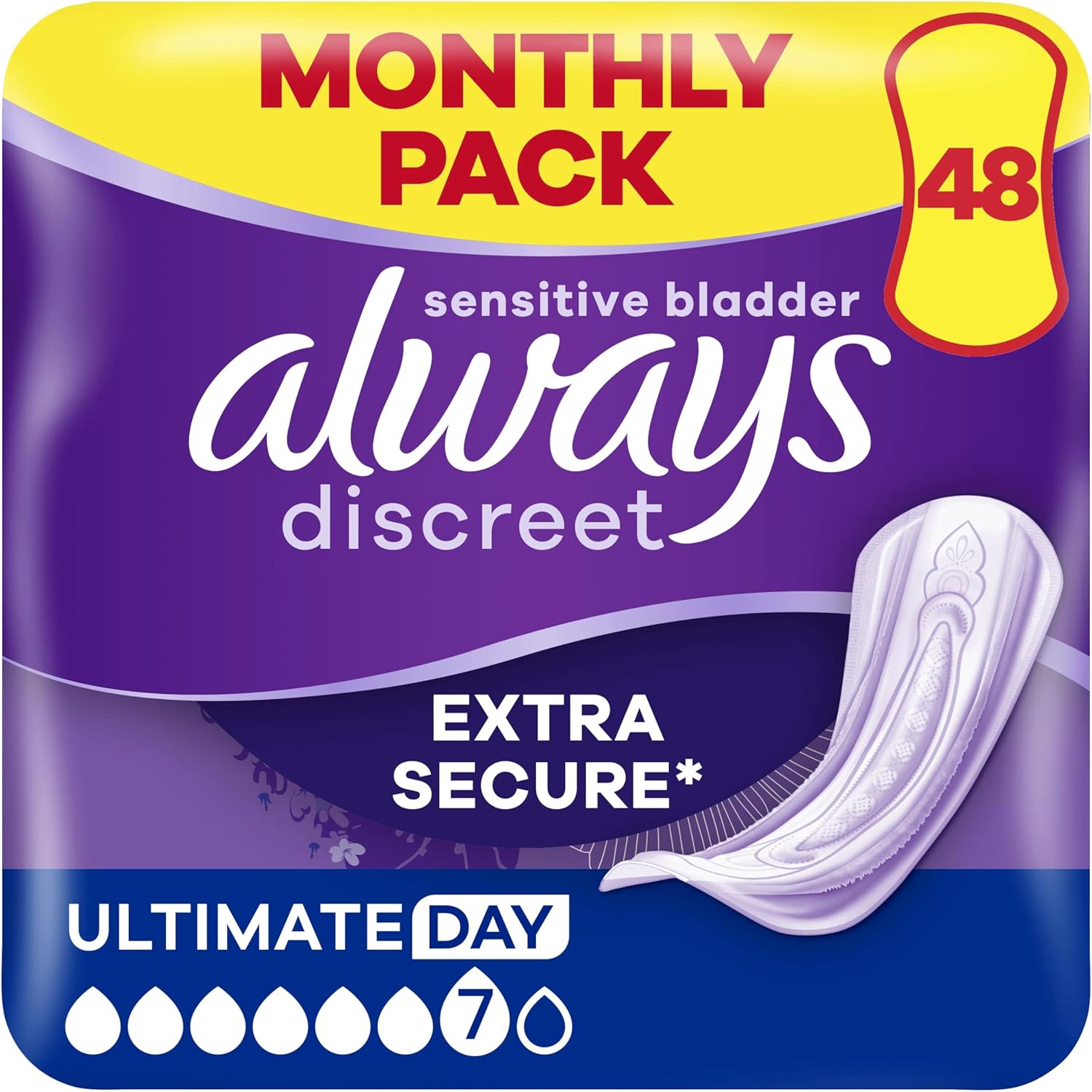 Always Discreet Incontinence Pads Women, Ultimate Day, Absorbency 6, 48 Sanitary Towels (12 x 4 Packs), Extra Secure Bladder Leak Protection, Odour Neutraliser