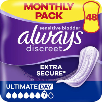 Always Discreet Incontinence Pads Women, Ultimate Day, Absorbency 6, 48 Sanitary Towels (12 x 4 Packs), Extra Secure Bladder Leak Protection, Odour Neutraliser