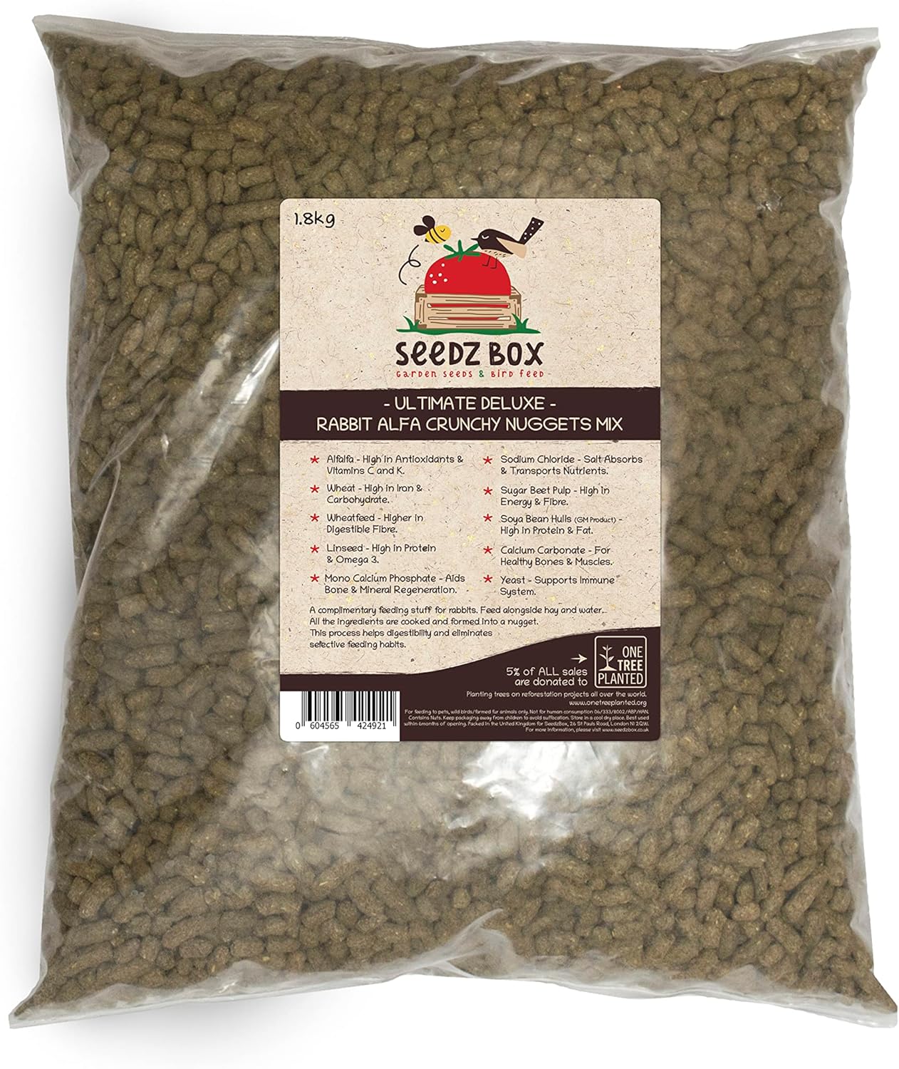 Rabbit Nuggets Food 1.8kg For Indoor & Outdoor Rabbits - Seedzbox Alfalfa Crunchy Rabbit Food - Natural Feed for Bunnies - Curbs Selective Eating Habits - Linseed and Wheat - High in Fibre and Calcium