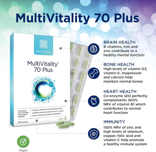Healthspan Multivitamin 70 Plus | (120 Tablets) | Vitamin C & Vitamin D3 | Brain, Heart, Bone & Immunity Health | Ginseng, Bioflavonoids & Acetyl L-Carnitine | Vegan