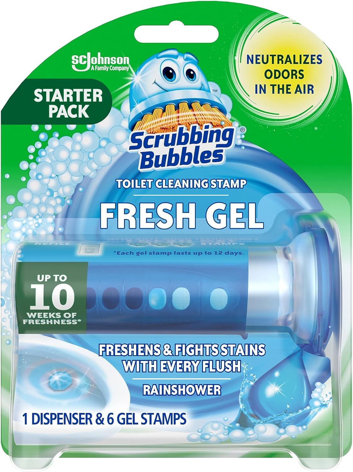 Scrubbing Bubbles Toilet Gel Stamps, Fresh Gel Toilet Cleaning Stamps, Helps Keep Toilet Clean And Helps Prevent Limescale & Toilet Rings, Rainshower Scent, 1 Dispenser With 6 Stamps