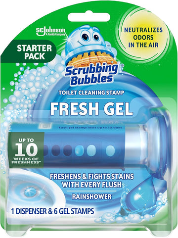 Scrubbing Bubbles Toilet Gel Stamps, Fresh Gel Toilet Cleaning Stamps, Helps Keep Toilet Clean and Helps Prevent Limescale & Toilet Rings, Rainshower Scent, 1 Dispenser with 6 Stamps