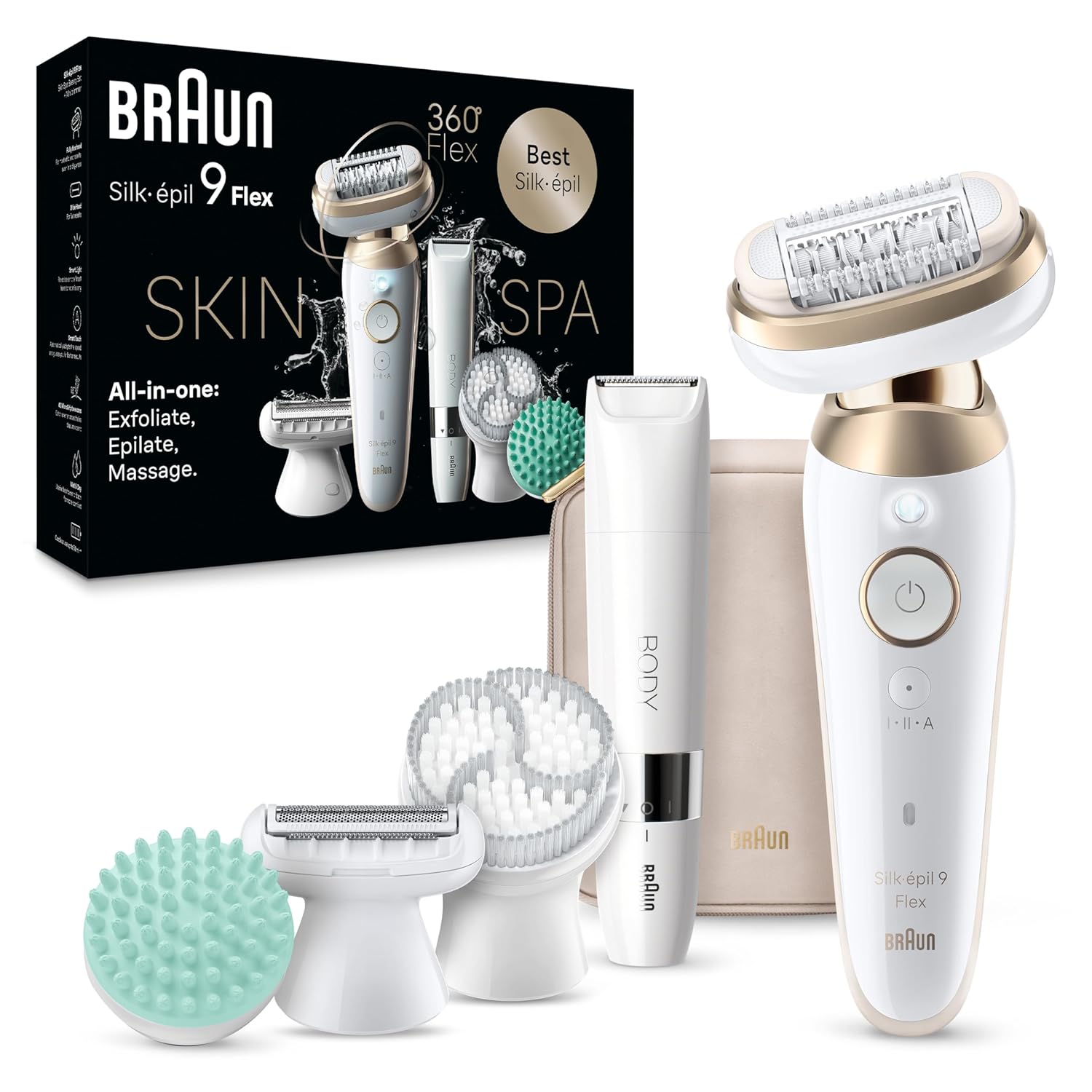 Braun Epilator Silk-Épil 9 Flex Skinspa, Hair Removal Device, 360 Flex And Pivoting Head, Wet And Dry, Includes Shaver Head, Trimmer Comb, Massage Pad, Exfoliation Brush And Bodytrimmer, Ses9-481 3D