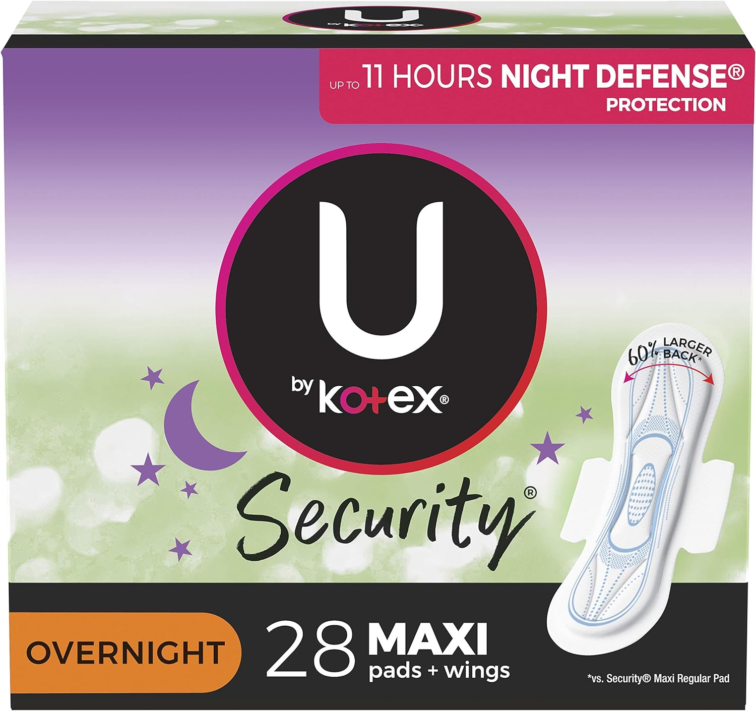 U by Kotex Security Maxi Overnight Pads With Wings, Regular, Unscented, Unscented, 28 Count