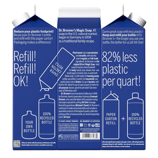 Dr. Bronner's - Pure-Castile Liquid Soap Refill, 82% Less Plastic per Quart, Made with Organic Oils, 18-in-1 Uses, For Face, Body, Hand Soap Refill, Hair, Laundry, Pets & Dishes (32oz, Peppermint)