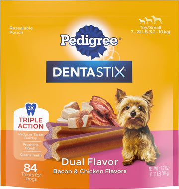 PEDIGREE DENTASTIX Dual Flavor Small Dog Dental Treats, Bacon & Chicken Flavors Dental Bones, 18.24 oz. Pack (84 Treats)