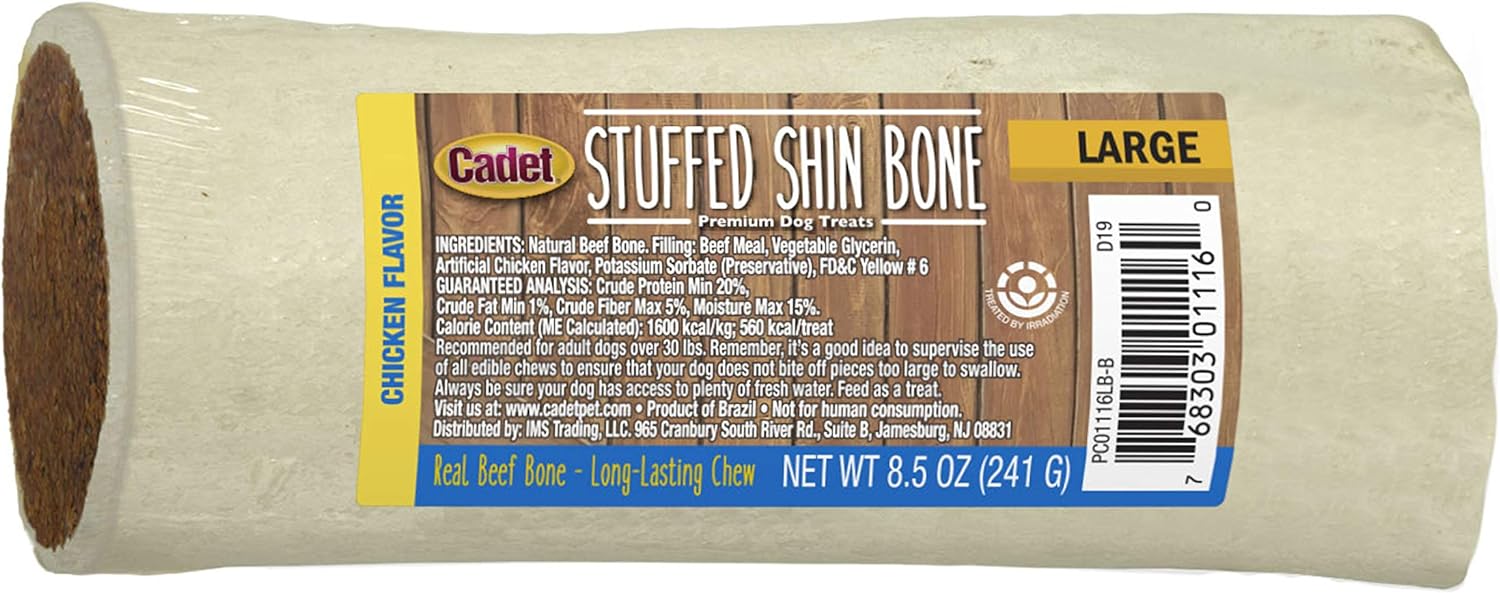 Cadet Stuffed Shin Bone - Highly Digestible, High Protein, Long-Lasting Dog Chew Bone For Aggressive Chewers, Supports Dental Health, - Chicken Flavor, Large (1 Count)