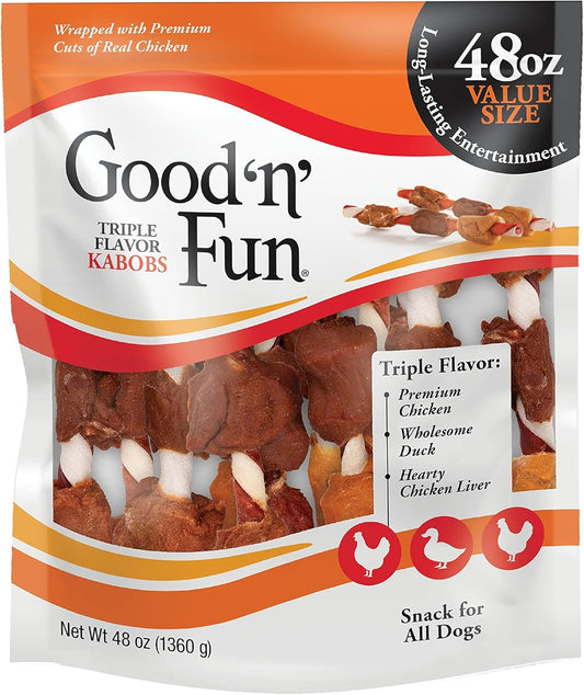 Good ’N’ Fun Triple Flavor Kabobs 48 Ounce, Rawhide Snack For All Dogs (2 Pack)