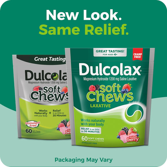 Dulcolax Saline Laxative Soft Chews, Gentle Constipation Relief, Mixed Berry Flavor, Magnesium Hydroxide 1200 Mg, 60 Count