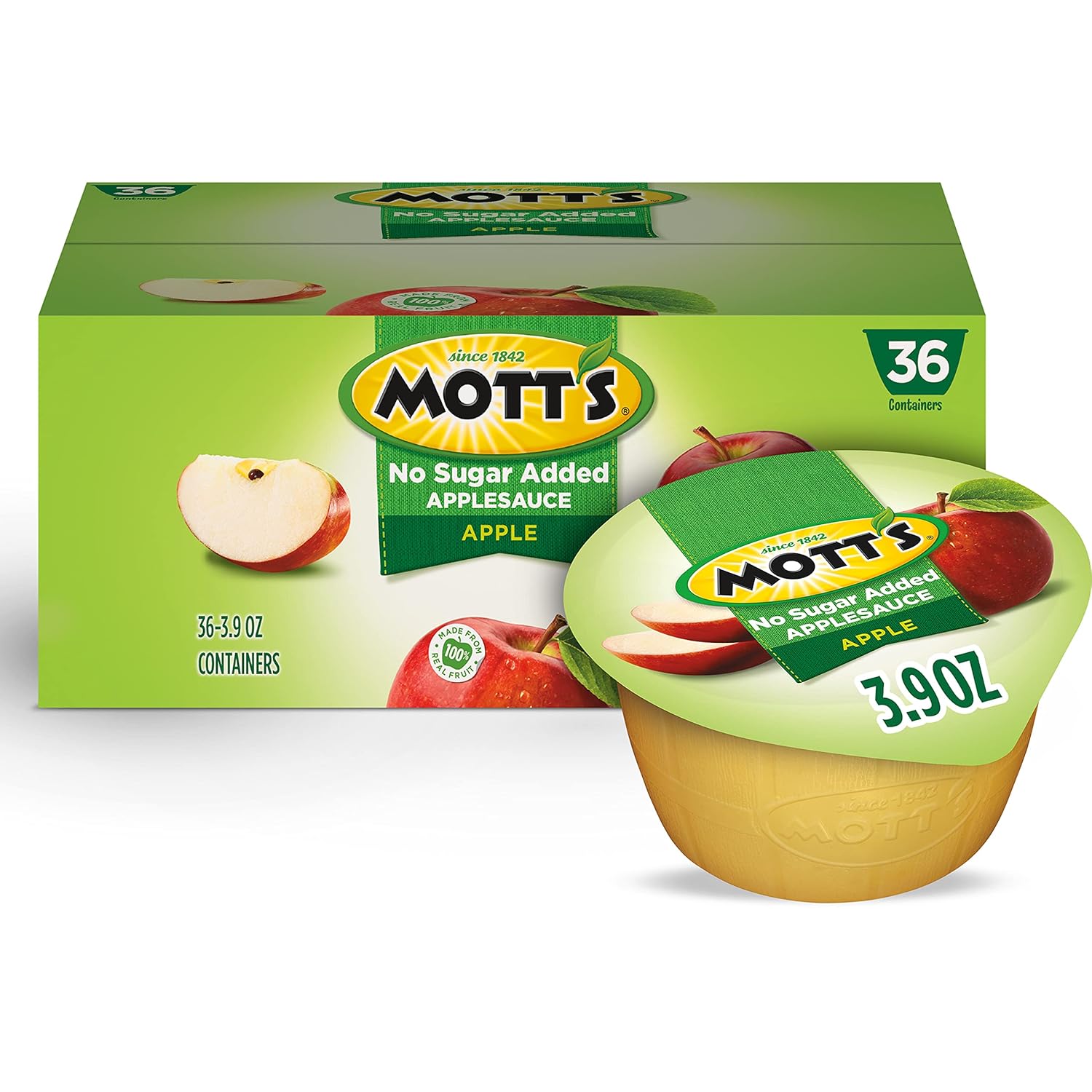 Mott'S No Sugar Added Applesauce, 3.9 Oz Cups, 36 Count, Good Source Of Vitamin C, No Artificial Flavors