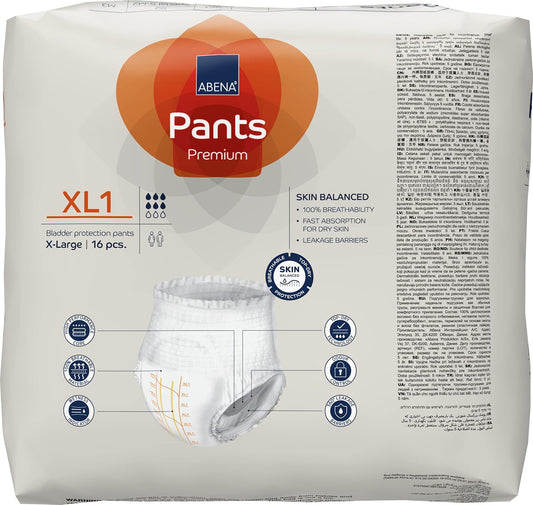 Abena Pants Premium Pull-Up Incontinence Pants, Eco-Labelled Incontinence Pants for Men & Women, Discreet, Protective, Breathable, Comfortable - XL 1, 130-170cm Waist, 1600ml Absorbency, 16PK