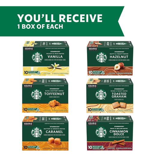 Starbucks K-Cup Coffee Pods—Flavored Coffee—Variety Pack For Keurig Brewers—Naturally Flavored—100% Arabica—6 Boxes (60 Pods Total)