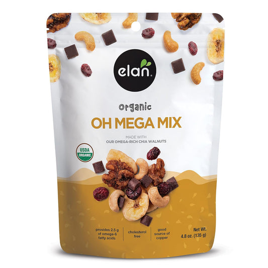 Elan Organic Oh Mega Mix, Vegan Dark Chocolate, Dried Fruits (Cranberries & Banana Chips), Nuts (Chia Walnuts & Roasted Cashews), Non-GMO, Gluten-Free, Vegan, Guilt-Free Snacks, 8 pack of 4.8 oz