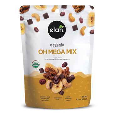 Elan Organic Oh Mega Mix, 4.8 Oz, Vegan Dark Chocolate, Dried Fruits (Cranberries & Banana Chips), Nuts (Chia Walnuts & Roasted Cashews), Non-Gmo, Gluten-Free, Vegan, Guilt-Free Snacks