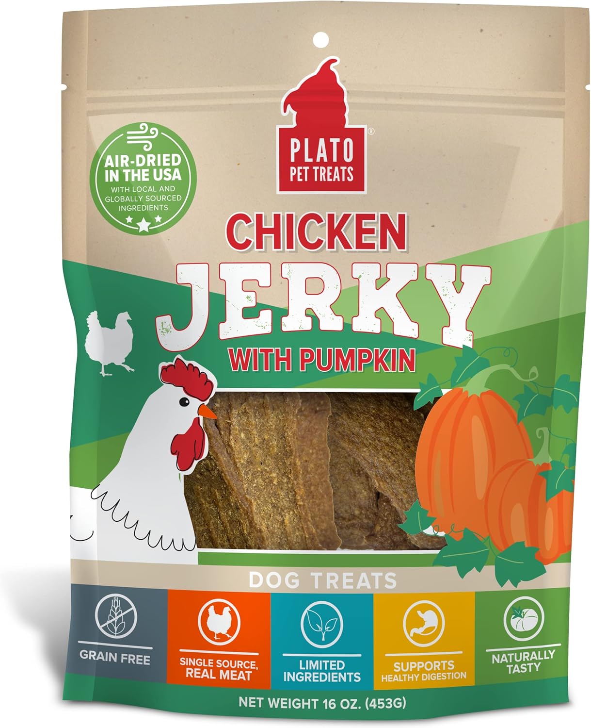 Plato Pet Treats Air Dried, Real Meat, Chicken Jerky With Pumpkin Dog Treats, Made In The Usa, Grain Free, 16Oz