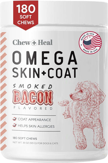 Omega For Dogs - 180 Delicious Soft Chews - Salmon Oil Treats For Skin And Coat, Itch Relief - Fish Oil Blend Of Essential Fatty Acids, Omega 3, 6, And 9, And Vitamins - Smoked Bacon Flavor