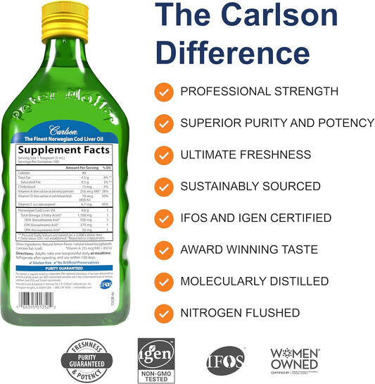 Carlson - Cod Liver Oil, 1100 Mg Omega-3S, Liquid Fish Oil Supplement, Wild-Caught Norwegian Arctic, Sustainably Sourced Nordic Fish Oil Liquid, Lemon, 500 Ml