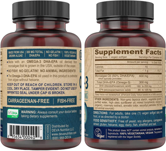 DEVA Vegan Omega-3 DHA EPA Supplement Once-Per-Day Softgel 300 MG - Ca