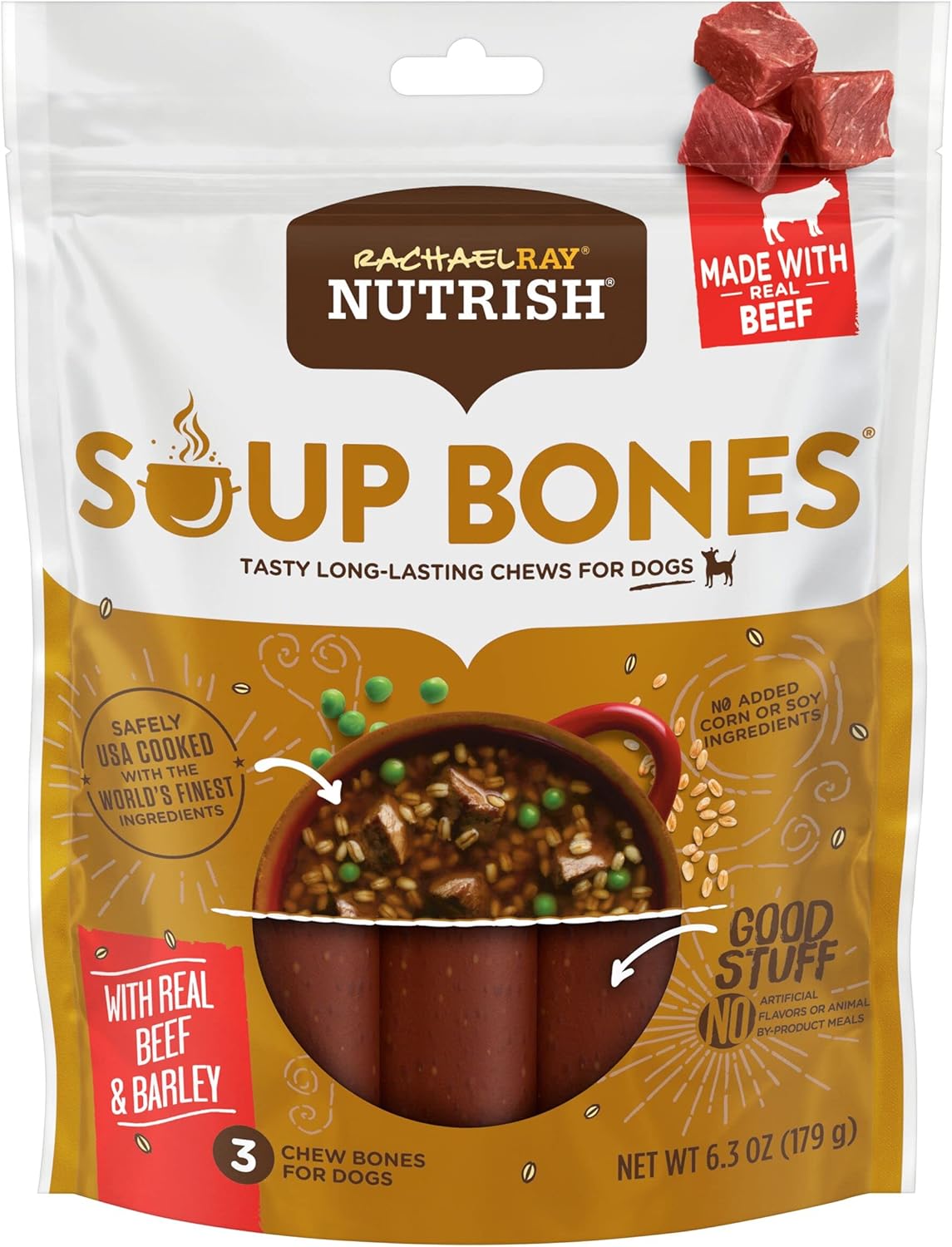 Rachael Ray Nutrish Soup Bones Dog Treats, Beef & Barley Flavor, 3 Bones (Pack Of 8)