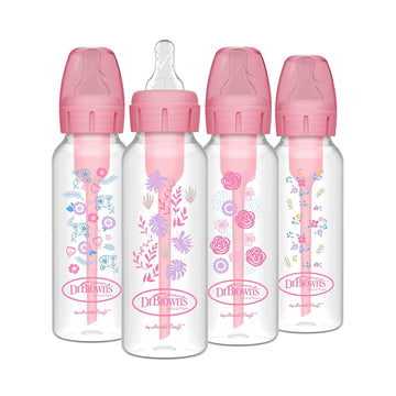 Dr. Brown'S Natural Flow Anti-Colic Options+ Narrow Baby Bottle, Pink Floral, 8 Oz/250 Ml, With Level 1 Slow Flow Nipples, 0M+, 4 Bottles, 4 Units (Pack Of 1)