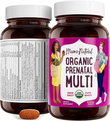 Mama Natural Organic Prenatal Vitamins For Women Vegan (30 Servings) | One A Day Prenatal Vitamins For Pregnant Women | Food Based, Non-gmo & Gluten-free - Pre Natal Multivitamin For Women With Folate