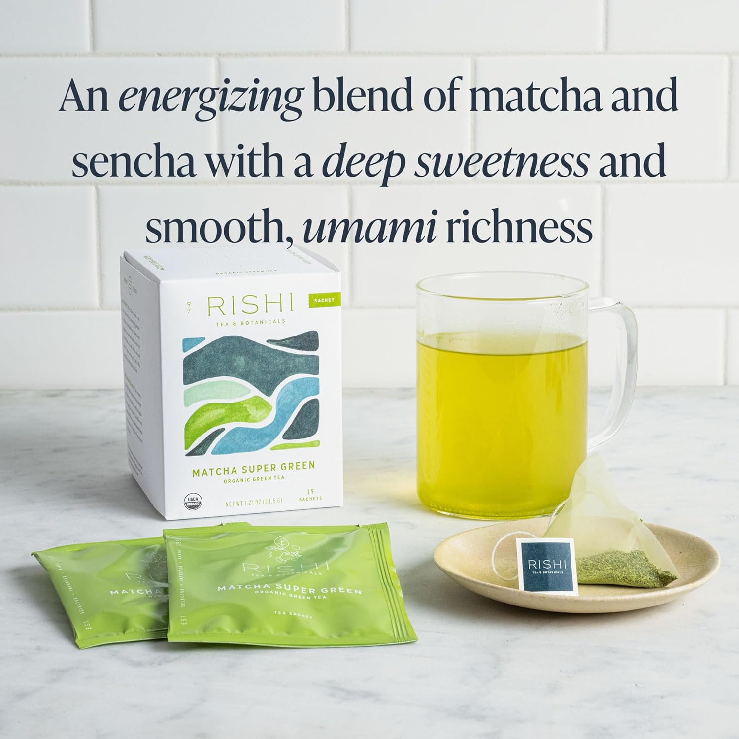 Rishi Tea Matcha Super Green Tea | Usda Organic Direct Trade Sachet Tea Bags, Certified Kosher Caffeinated Japanese Green Tea, Umami Antioxidant Rich Sencha & Matcha Blend | 15 Count (Pack Of 1)