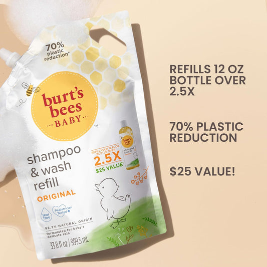Burt's Bees Baby Shampoo and Wash Refill Bag, 2-in-1 Natural Origin Plant Based Formula for Sensitive Skin, Original Fresh Scent, Tear-Free, Pediatrician Tested, Sustainable Value Size, 33.8 Oz