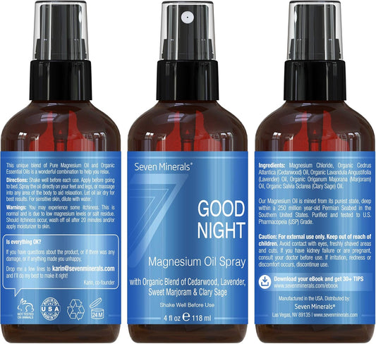Seven Minerals Good Night Magnesium Spray, Powerful Organic Blend Of Essential Oils (Cedarwood, Lavendar, Sweet Marjoram, & Clary Sage), For Restlessness & Better Sleep (4 Fl Oz)